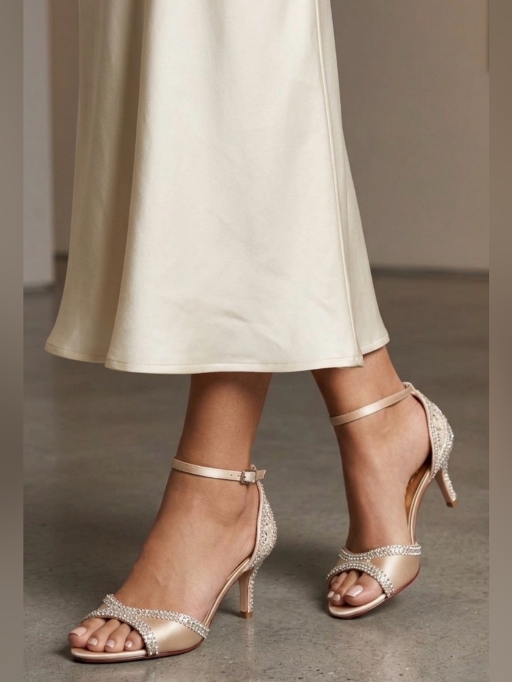 XYD Champagne Open Toe Ankle Strap D'Orsay Heels w/ Rhinestone Decor - SZ 7